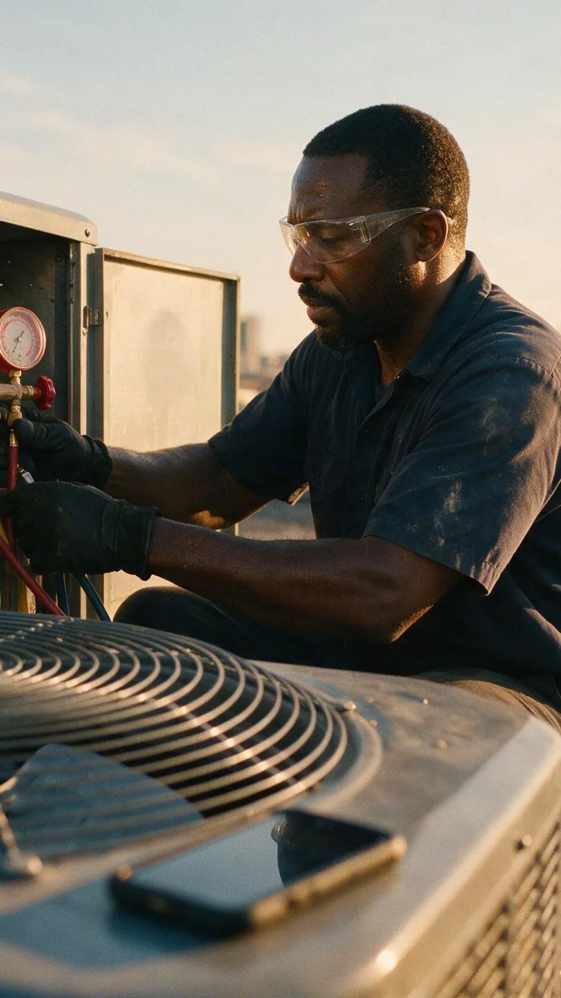 An HVAC technician reading gauges at a rooftop unit