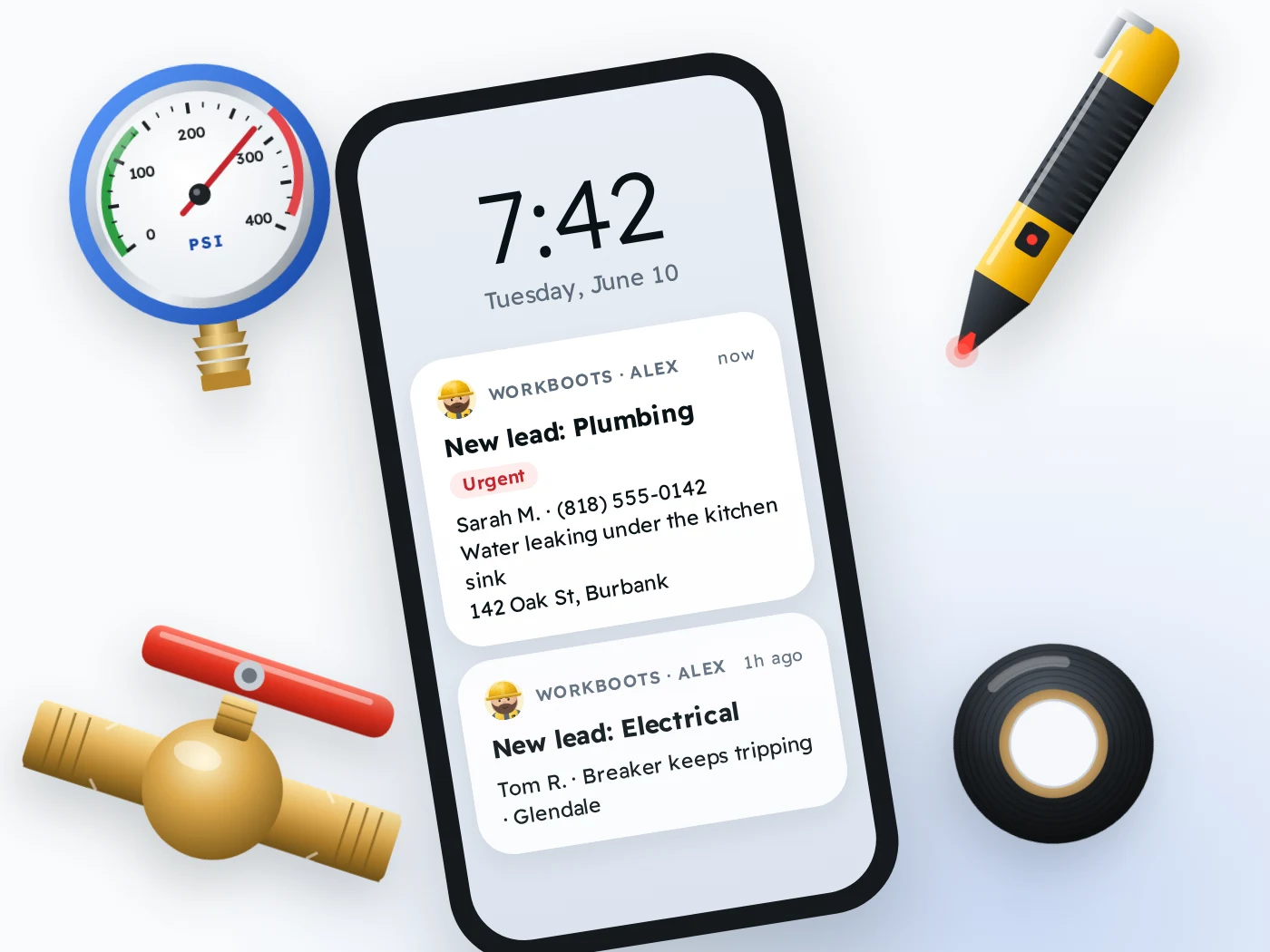 A phone with plumbing and electrical lead notifications from Alex, surrounded by a brass ball valve, an HVAC pressure gauge, a voltage tester and electrical tape