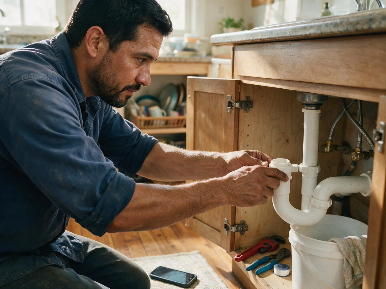 A plumber working on the drain under a kitchen sink